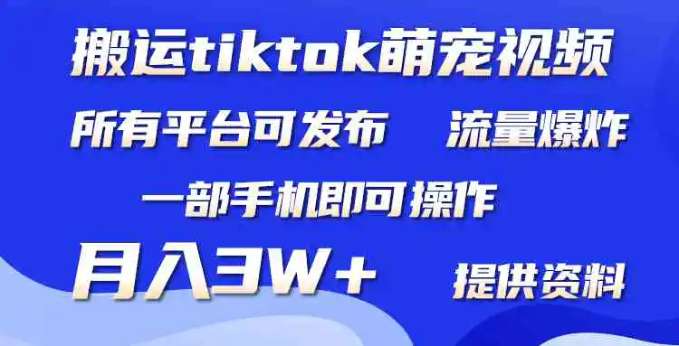 搬运Tiktok萌宠类视频，一部手机即可。所有短视频平台均可操作，月入3W+-轻创社