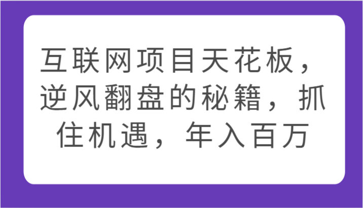 互联网项目天花板，逆风翻盘的秘籍，抓住机遇，年入百万-轻创社