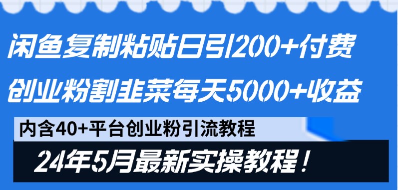 闲鱼平台拷贝日引200 付钱自主创业粉，24年5月全新方式！当韭菜割日平稳5000 盈利-轻创社
