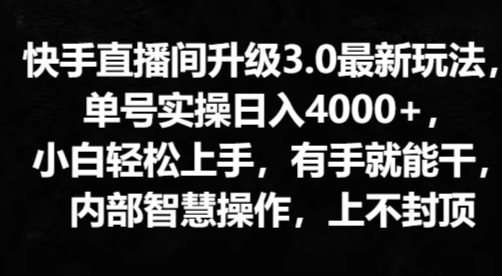 快手直播平台更新3.0全新游戏玩法，新手快速上手，两双手就会干，内部结构聪慧实际操作，无限张力-轻创社