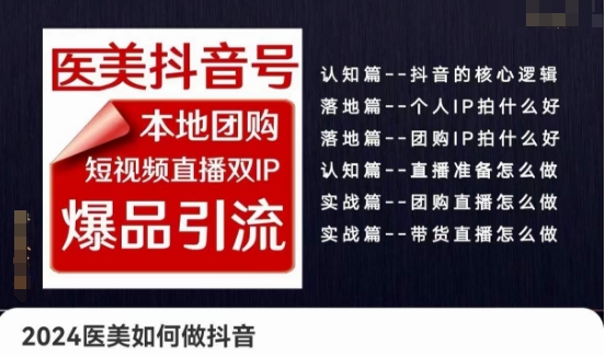 2024医疗美容怎么做抖音医疗美容抖音帐号，本地团购、短视频带货双ip爆款引流方法，实际操作落地式课-轻创社