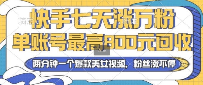 2024年快手七天涨万粉，但账号最高800元回收，两分钟一个爆款美女视频-轻创社